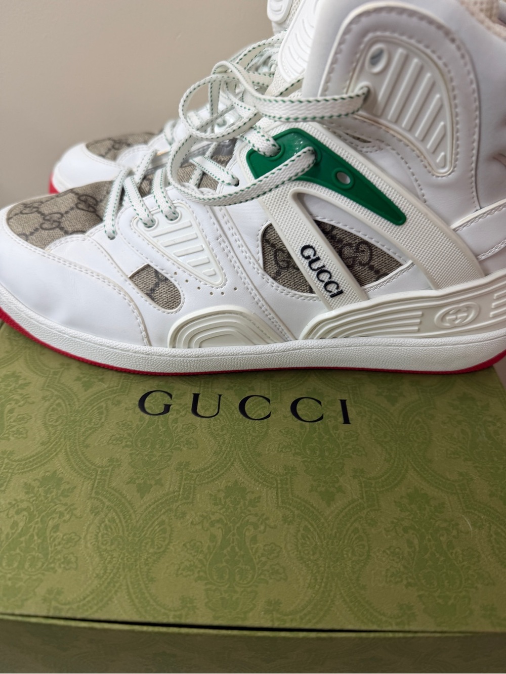 Gucci White High-Top Sneakers with Red Soles and Green Accents - Picture 6 of 17